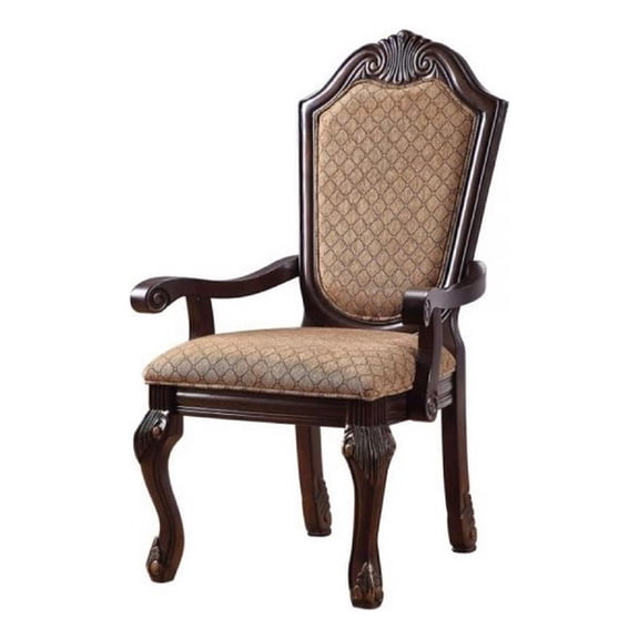 Benjara Loki 29" Dining Armchair Set of 2- Beige Fabric- Crown Top Back- Brown
