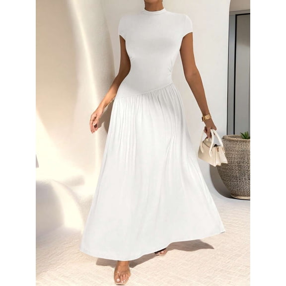 White Elegant Minimalist Daily Wear High Neck Short Sleeve A-Line Maxi Dress