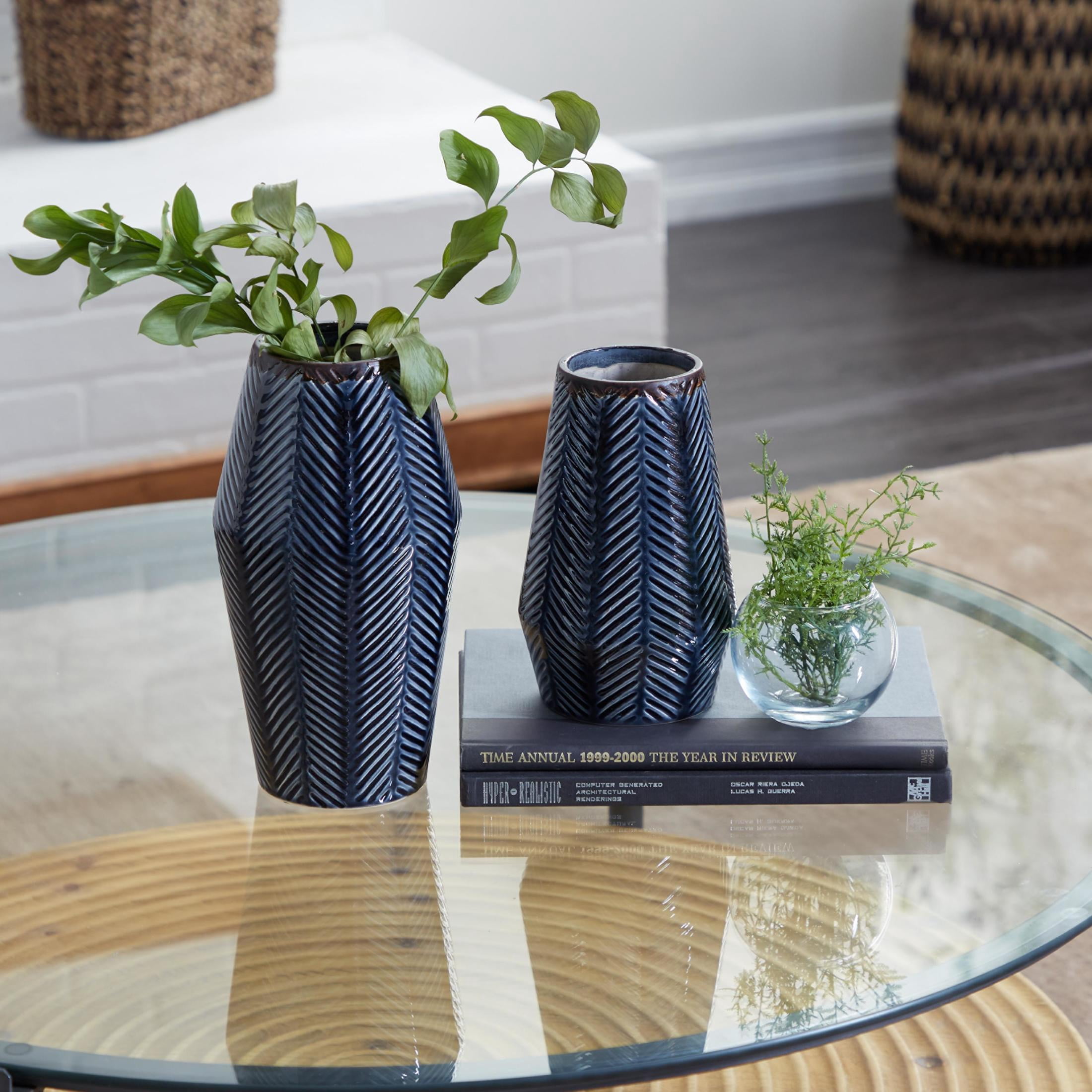 DecMode 11", 8"H Handmade Chevron Dark Blue Ceramic Vase, Set of 2