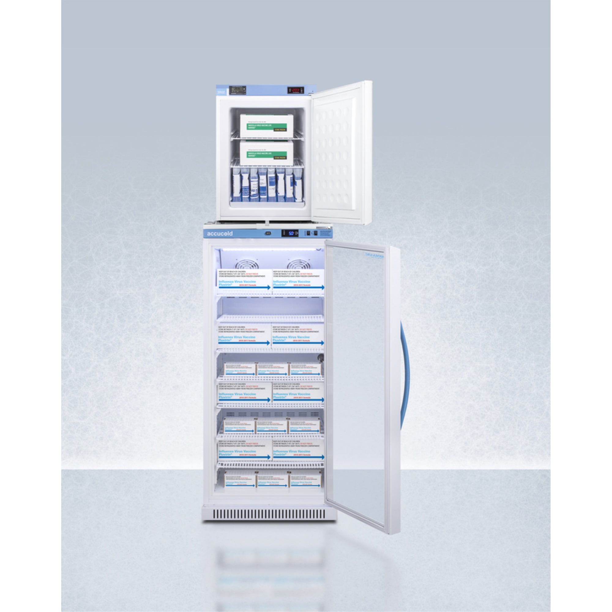 Stacked vaccine refrigerator-freezer combination