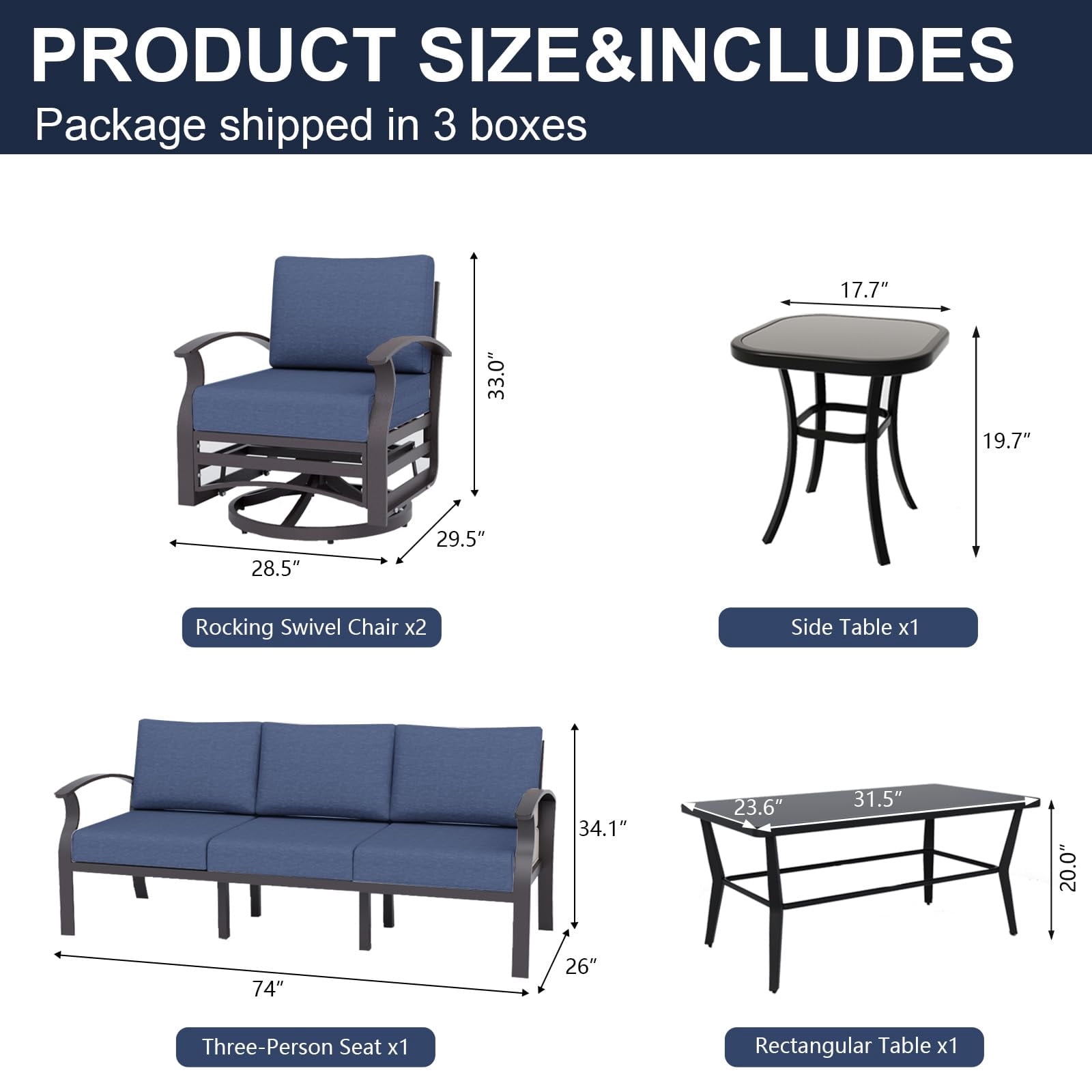 ALAULM Aluminum Patio Furniture Set 5-Seat Modern Outdoor Conversation Sets w/Swivel Rocking Chairs with Rectangular Coffee Table, Navy Blue