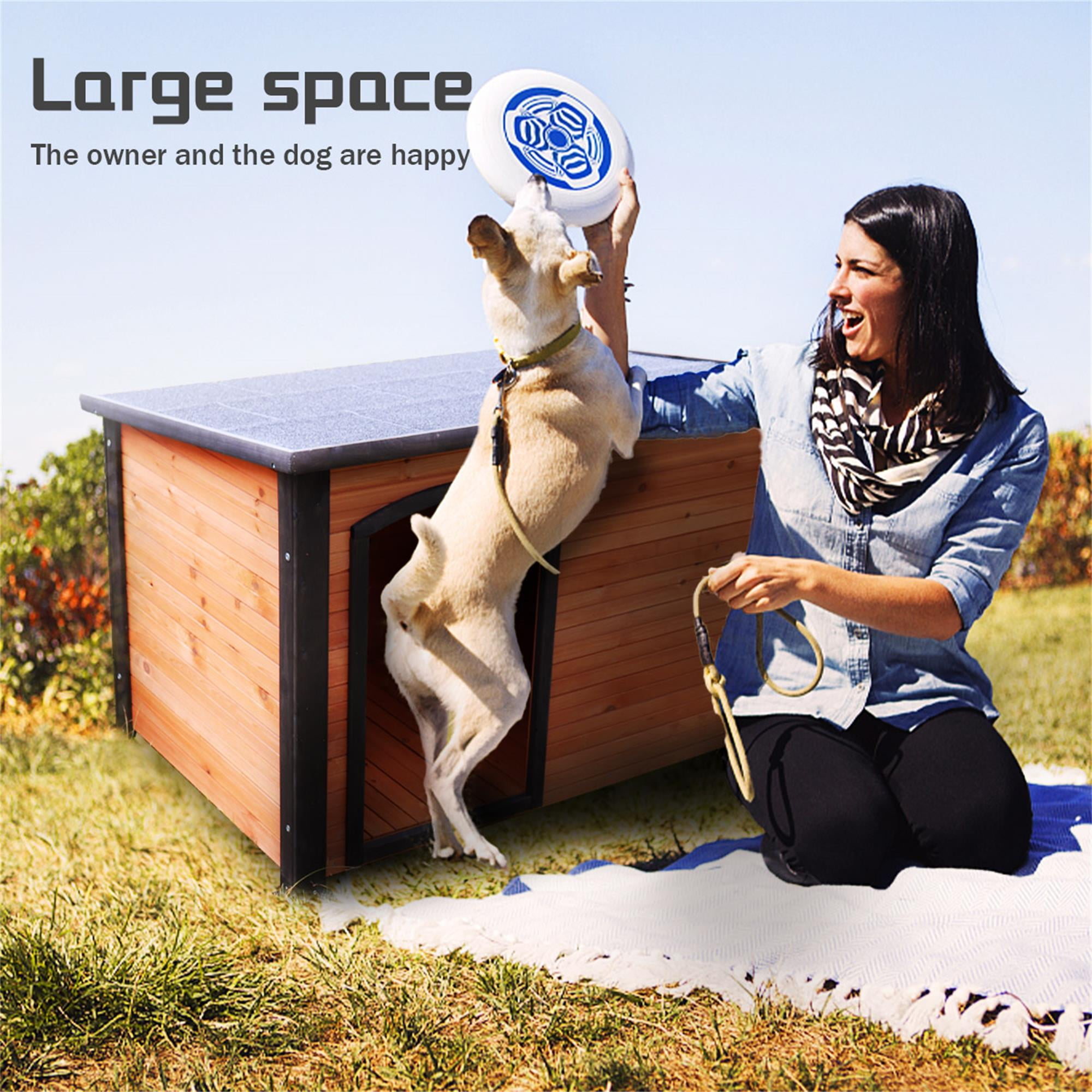 Pefilos 32" Width Wooden Dog Houses for Small Medium Large Dogs Outdoor Weatherproof Dog Kennel with Raised Feet, Gold Pefilos 32" Width Wooden Dog Houses for Small Medium Large Dogs Outdoor Weatherproof Dog Kennel with Raised Feet, Gold