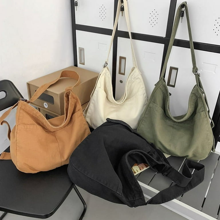 Women Canvas Shoulder Bags Large Capacity Handbag Tote Solid Crossbody Bag Travel For Ladies Beige