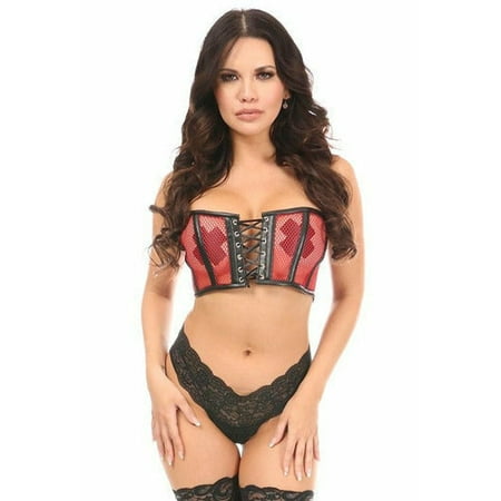 

Lavish Red Fishnet & Faux Leather Lace-Up Short Bustier Top