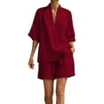 thumbnail image 6 of Ecqkame Two Piece Sets for Women Linen V Neck Short Sleeve Tops and Elastic Pockets Shorts Casual Summer Lightweight Vacation Outfit Set Red XXXL, 6 of 8