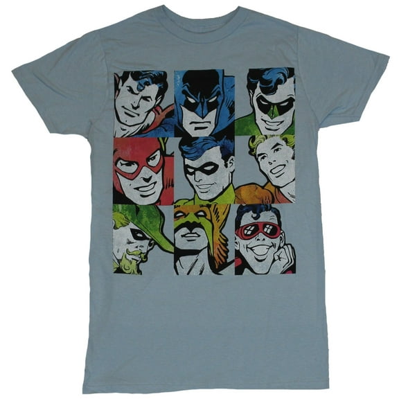 Justice League Mens T-Shirt - Distressed 9 Box Simple Colored Heroes
