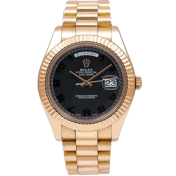 Pre-Owned Rolex Day-Date II 41MM 218235 Black Arabic Dial Fluted Bezel 18K Rose Gold President Bracelet