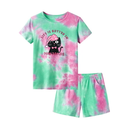 

Beezizac 2-Piece Tie Dye Cat Pajamas for Girls Cute Summer Kid Size 4T-18