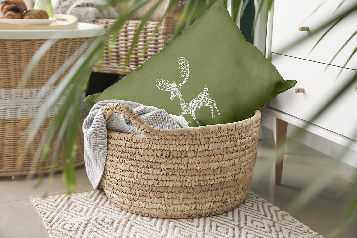 20" x 14" Simply Daisy Fancy Holiday Reindeer Polyester Indoor/Outdoor Pillow, Sage Green (1 Count)