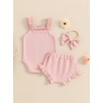 thumbnail image 4 of SUNSIOM Newborn Girl Summer Outfits Waffle Flower Embroidered Sleeveless Romper Ruffles Shorts Headband Set, 4 of 7