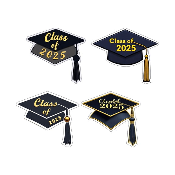 Class of 2025 Graduation Cap Stickers - Black Grad Hat Shape Decals for Party Decor, Candy Bags & Cards, Graduation Craft Supplies for Kids (4 Count)