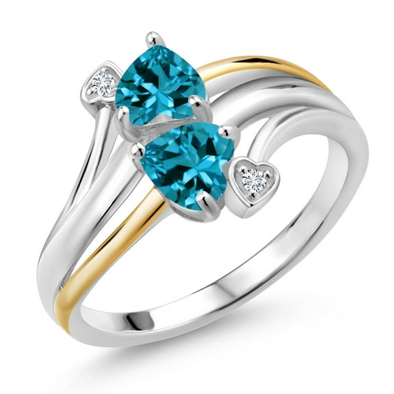 Gem Stone King 1.12 Ct London Blue Topaz 925 Silver and 10K Yellow Gold 2 Heart Promise Couple Engagement Mother Lab Grown Diamond Ring (Size 9)