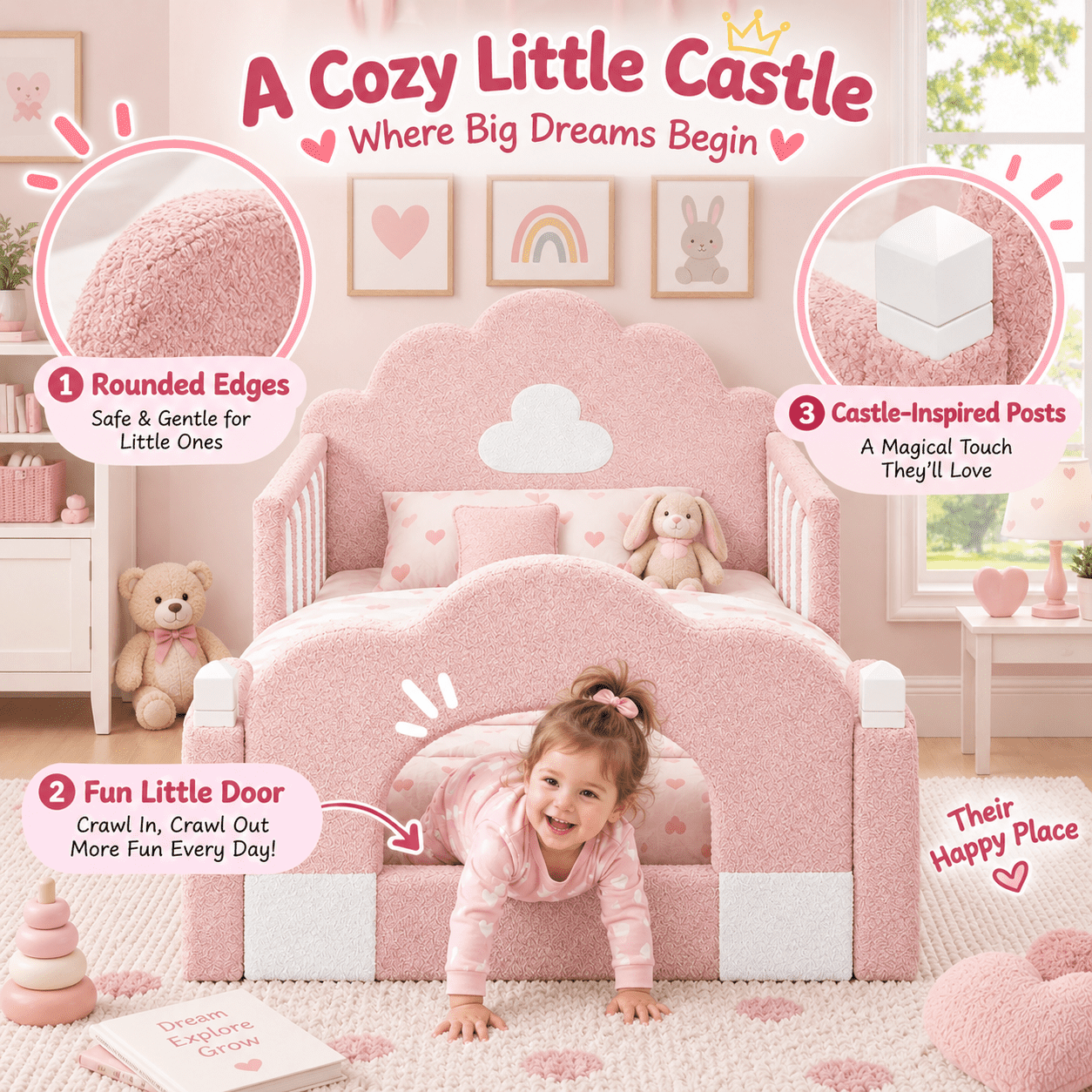 Wakefit Twin Size Kids Cloud Bed with Safety Guardrails,Boucle Upholstered Platform Bed Frame with Wood Slats,Cute Daybed for Girls Boys Bedroom,Pink