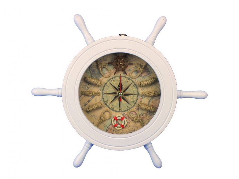 Noor Handicrafts Nautical Wooden Ship Wheel with Ship's Time Captain's Clock Pirate Home Decorative Clock 15 x 15 x 1.7 inch Light Green Dial Face