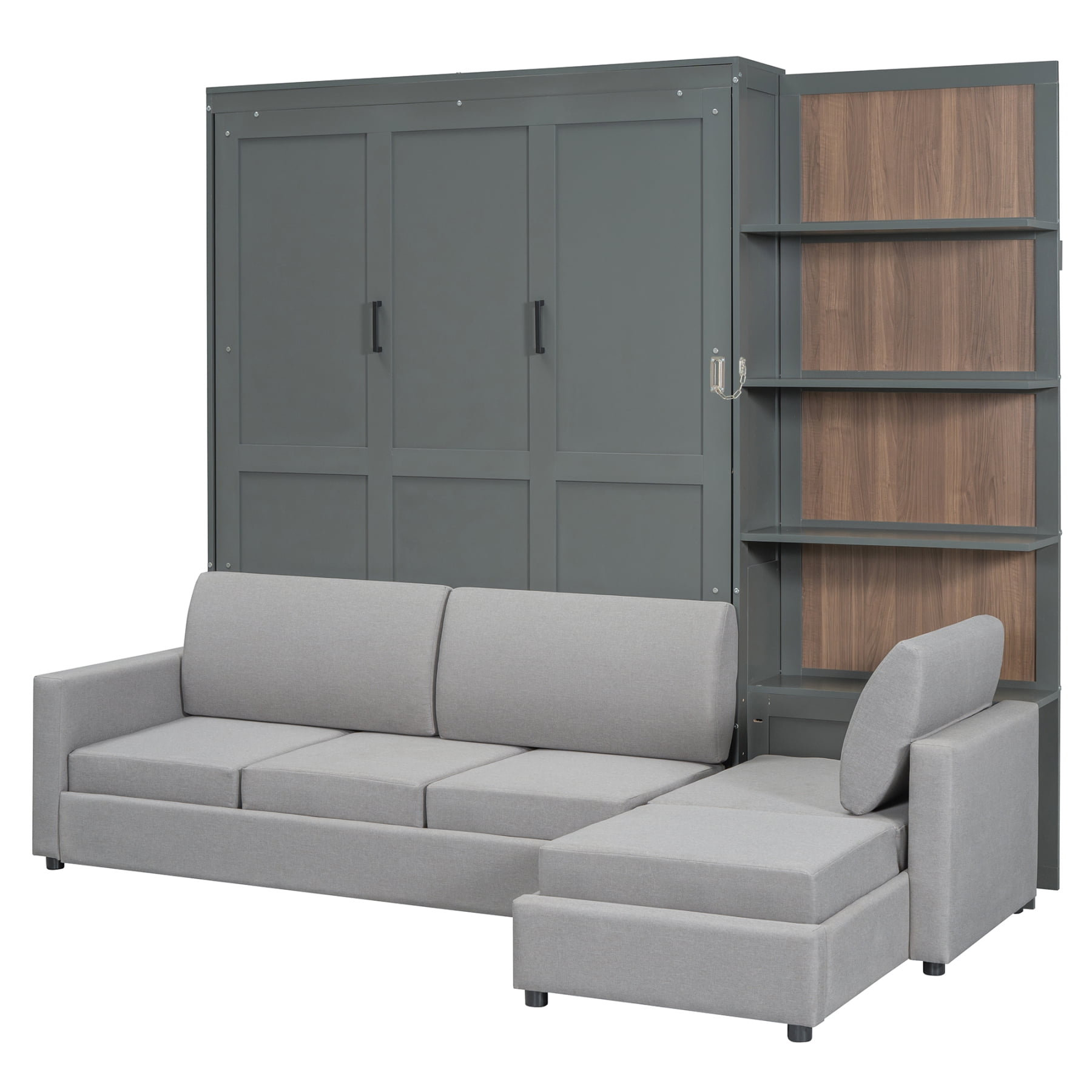 Harper & Bright Designs Queen Size Murphy Bed, Wooden Queen Murphy Bed Frame with Shelves, Wall Bed with L-Shape Sofa, Gray