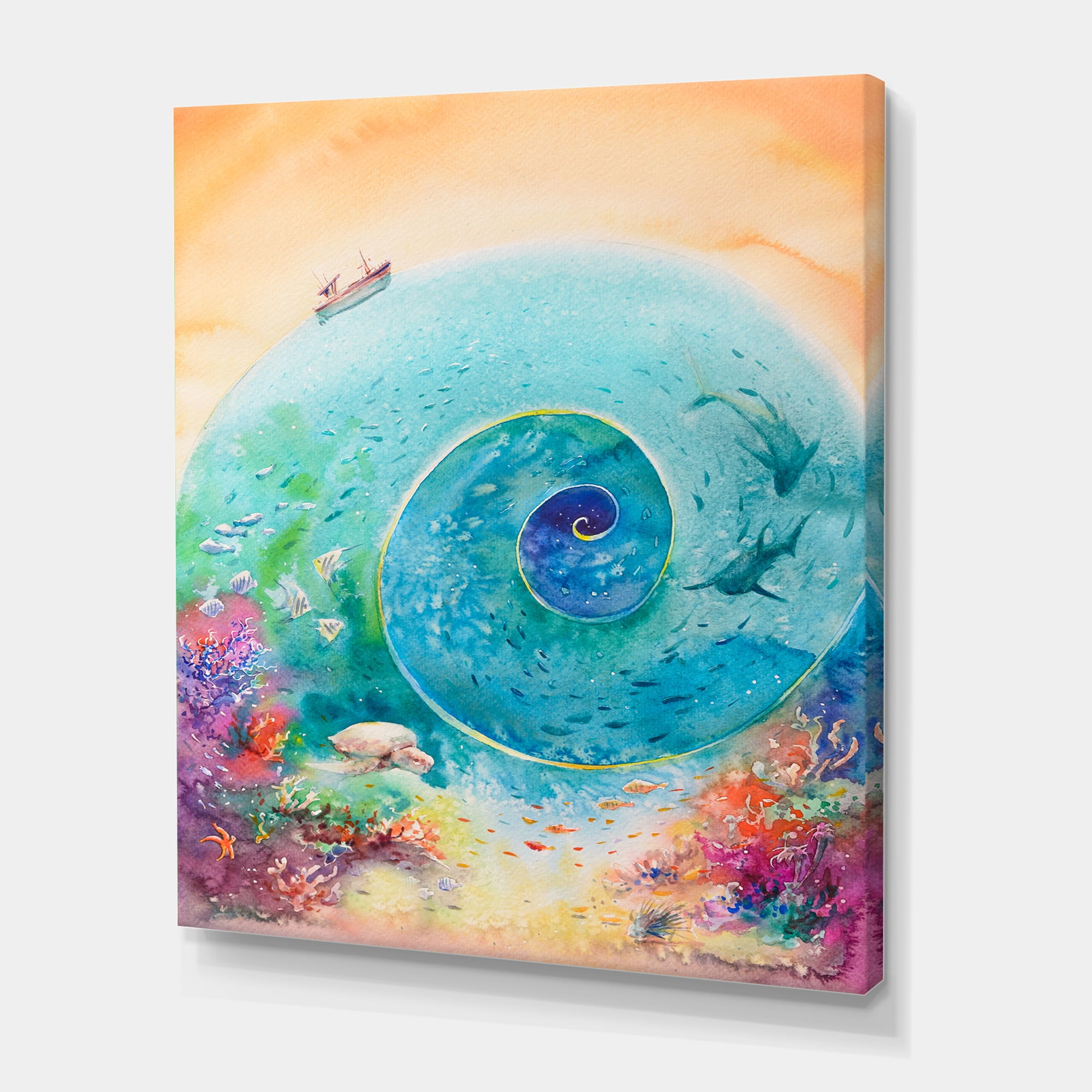 Designart ' Coral Reef Fishes With Turquoise Ocean Spiral ' Nautical & Coastal Canvas Wall Art Print