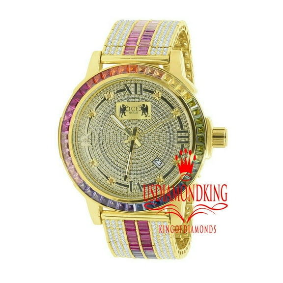 Mens 18K Yellow Gold Finish Solid Steel Bezel Real Diamond Dial Rainbow Multi Tone Watch