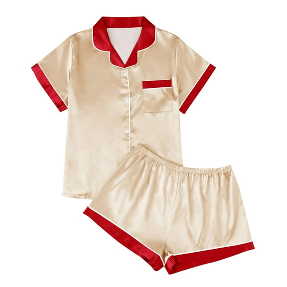 Gytharion Womens Christmas Pajamas Set Short Sleeve Button Down Lapel Pj Top and Shorts 2 Piece Loungewear Set Soft Comfy Satin Xmas Sleepwear Set with Pocket