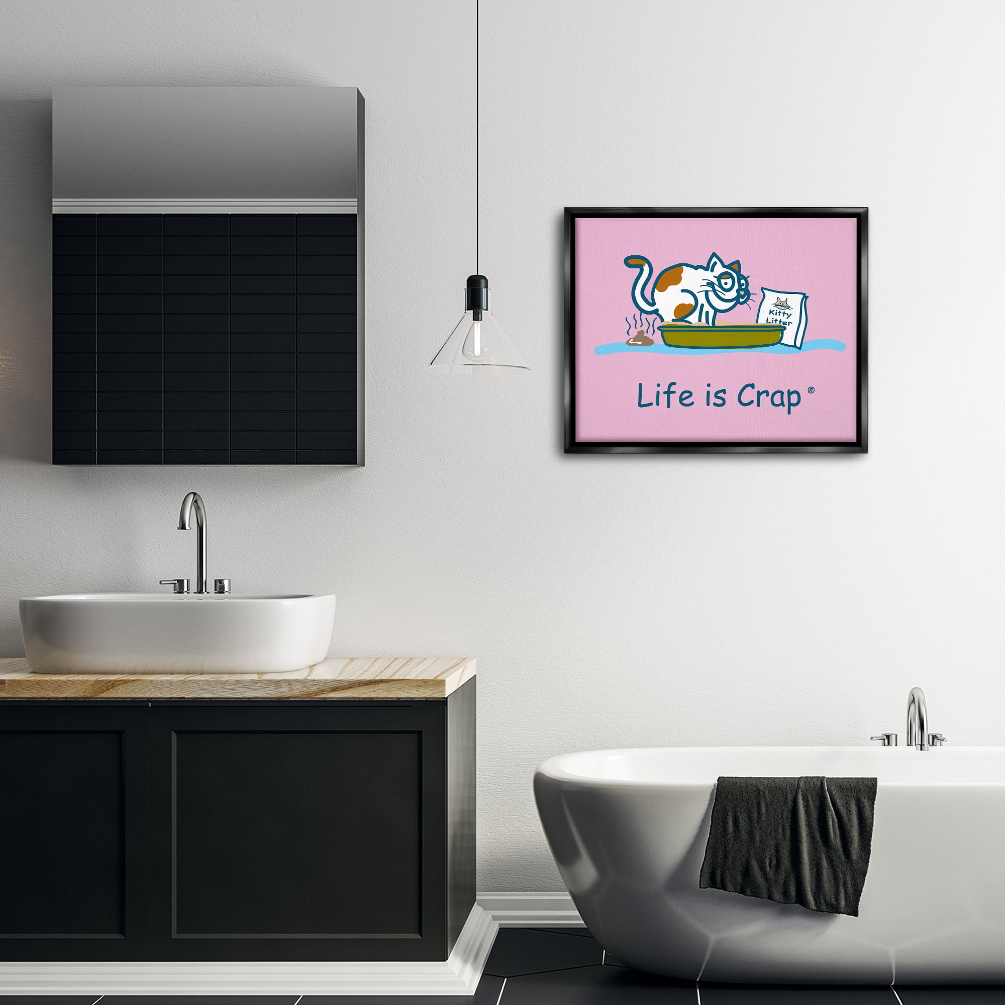 Stupell Industries Kitty Litter Funny Novelty & Humor Painting Black Floater Framed Canvas Art Print Wall Art, 31 x 25