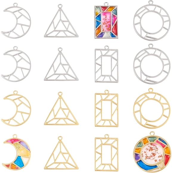 32 Pcs Pendentif Géométrique à Bord Ouvert 4 Styles Cadre Géométrique à Dos Ouvert Pendentif Pressé Charme Creux avec 1 Rouleau de Ruban pour Fabrication de Bijoux en Résine Bricolage - Platine et Or