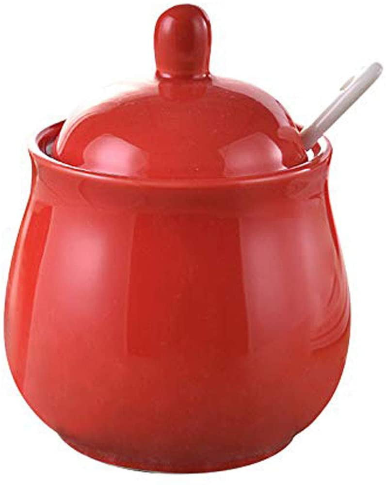 FUYU Simple White Ceramic Sugar Bowl Spice Jar with Lid and Spoon Seasoning Box Condiment Pot 