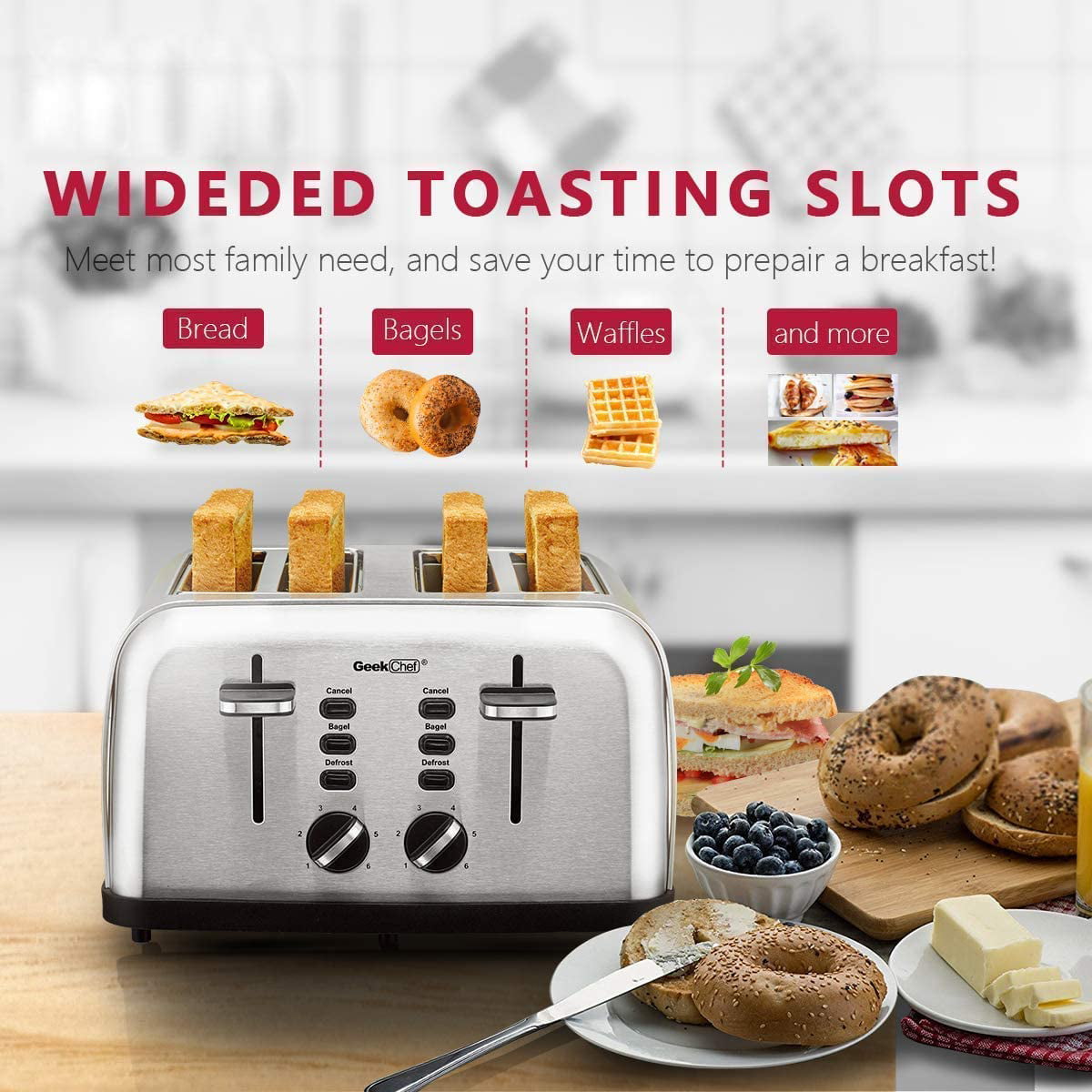 Details about   New Extra Wide Slots Four Slice Toaster with 4 Slice  Bagel Defrost USA Cancel 
