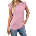thumbnail image 3 of Women'S Tops Casual Crewneck Cap Sleeve Shirts Crochet Knit Texture Tank Top Blouses Pink L, 3 of 9
