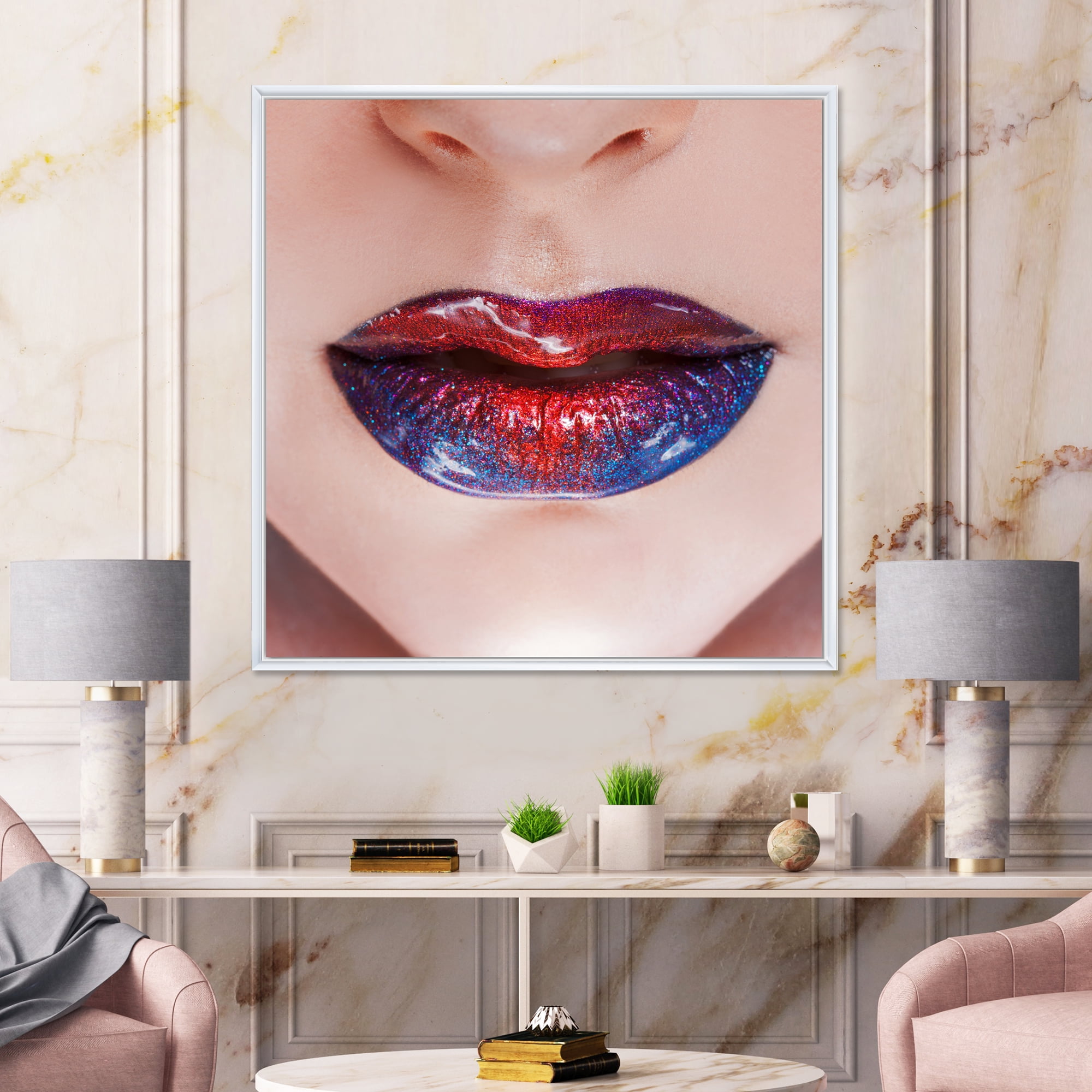 Designart 'Beautiful Women Lips With Red and Blue Lipstick' Modern Framed Canvas Wall Art Print