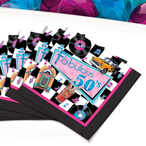 Party Central Club Pack of 192 Black and Pink 50's Theme Disposable Luncheon Party Napkins 6.5"