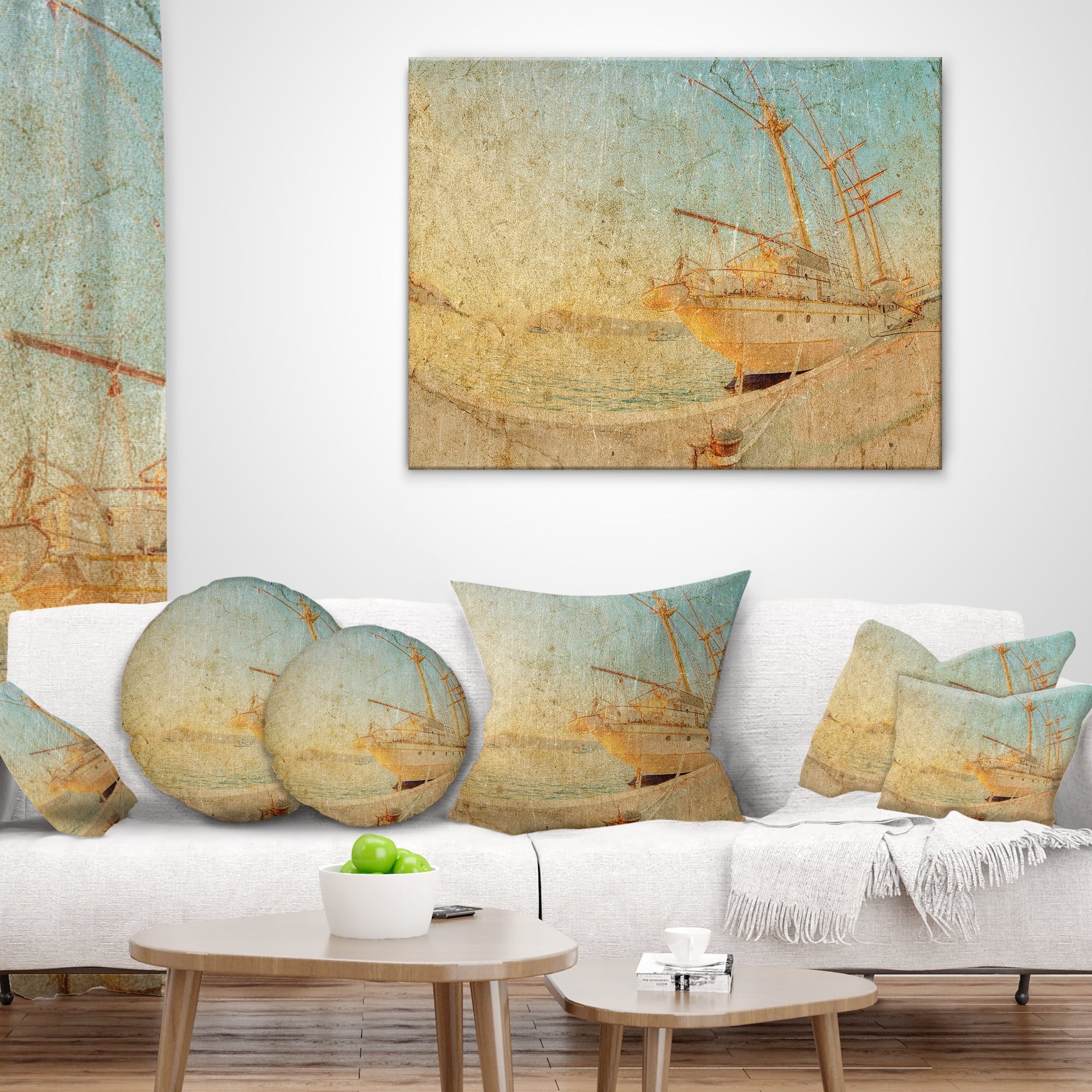 Designart Old Sailing Ship in Sunlight - Seascape Throw Pillow - 16x16
