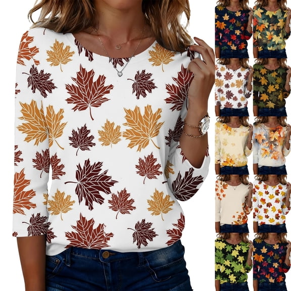 Womens Crew Neck 3/4 Length Sleeve Tees Fall Leaf Graphic Print Loose Fit Casual Shirts Curved Hem Lightweight Dressy Tunic Tops ,M,Brown