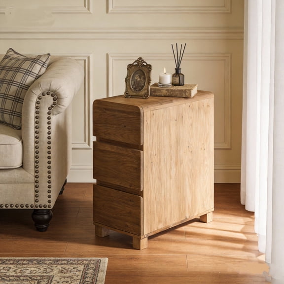Tribesigns Solid Wood End Table with 3-Drawers, Rustic Narrow Side Table for Living Room