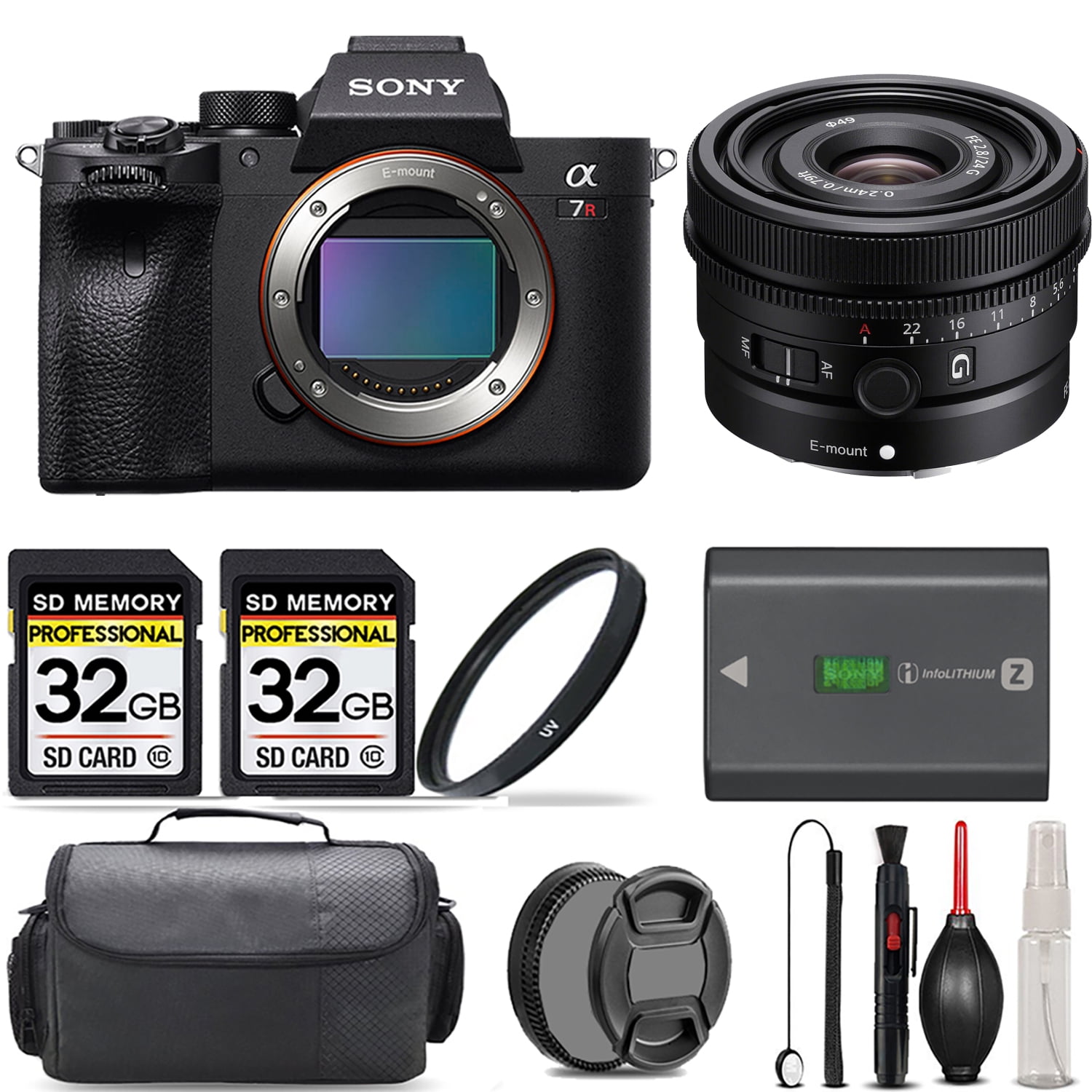 Sony a7R IVA Mirrorless Camera + 24mm f/2.8 G Lens + UV Filter + 64GB + Handbag And More