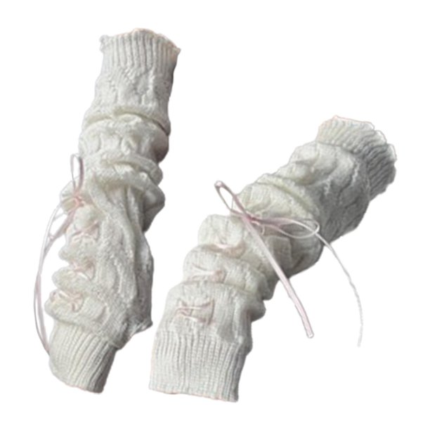 Calentadores de brazos Mangas de brazo para clima frío Mitones de punto de invierno Lindos guantes de punto cinta rosa blanca