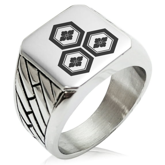 Stainless Steel Asai Samurai Crest Geometric Pattern Biker Style Polished Ring