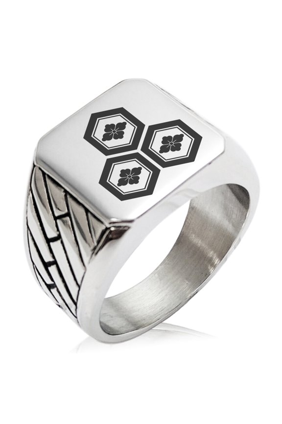 Stainless Steel Asai Samurai Crest Geometric Pattern Biker Style Polished Ring