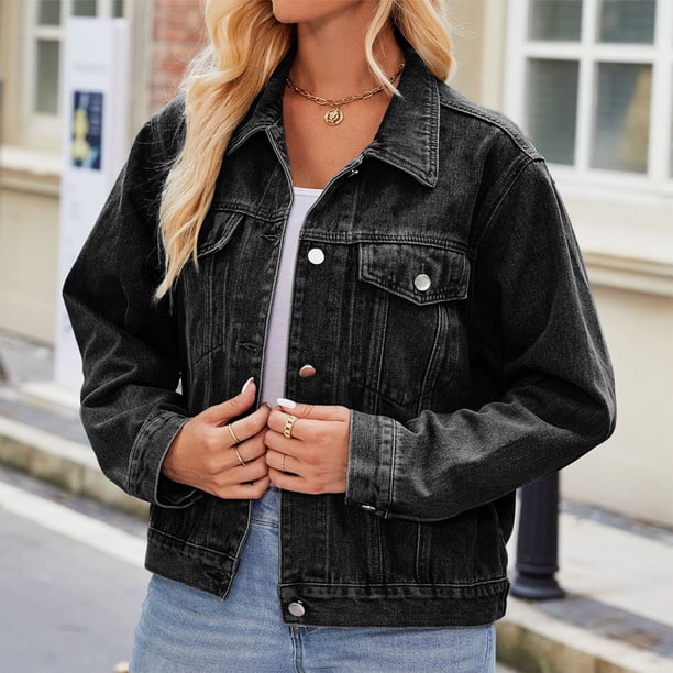 Abrigos y chaquetas de mezclilla de manga larga sin capucha para mujer, abrigos casuales con cuello vuelto, bolsillos, botones regulares, abrigos de mezclilla sin capucha, abrigos de manga larga para