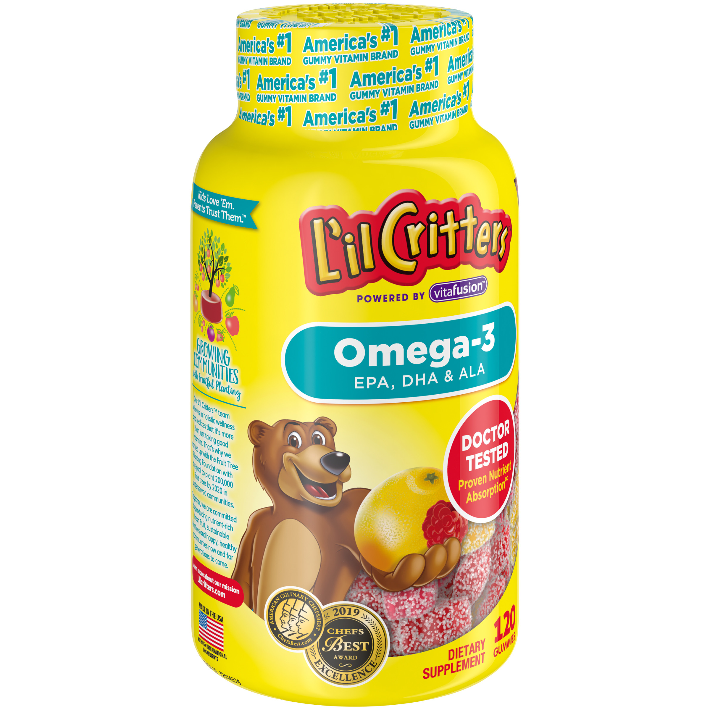 L'il Critters Kids Omega-3 Gummy, 3 Fatty Ccids, DHA, EPA and ALA. 120 ct (60-120 day Supply), Delicious Citrus Flavors - image 2 of 9