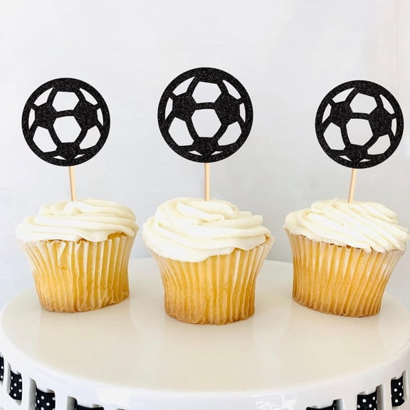 12Pcs Soccer Ball Cupcake Toppers, Black Glitter Soccer Picks for Soccer Themed Party, Birthday, Sports Event, Baby Shower Cake Decorations