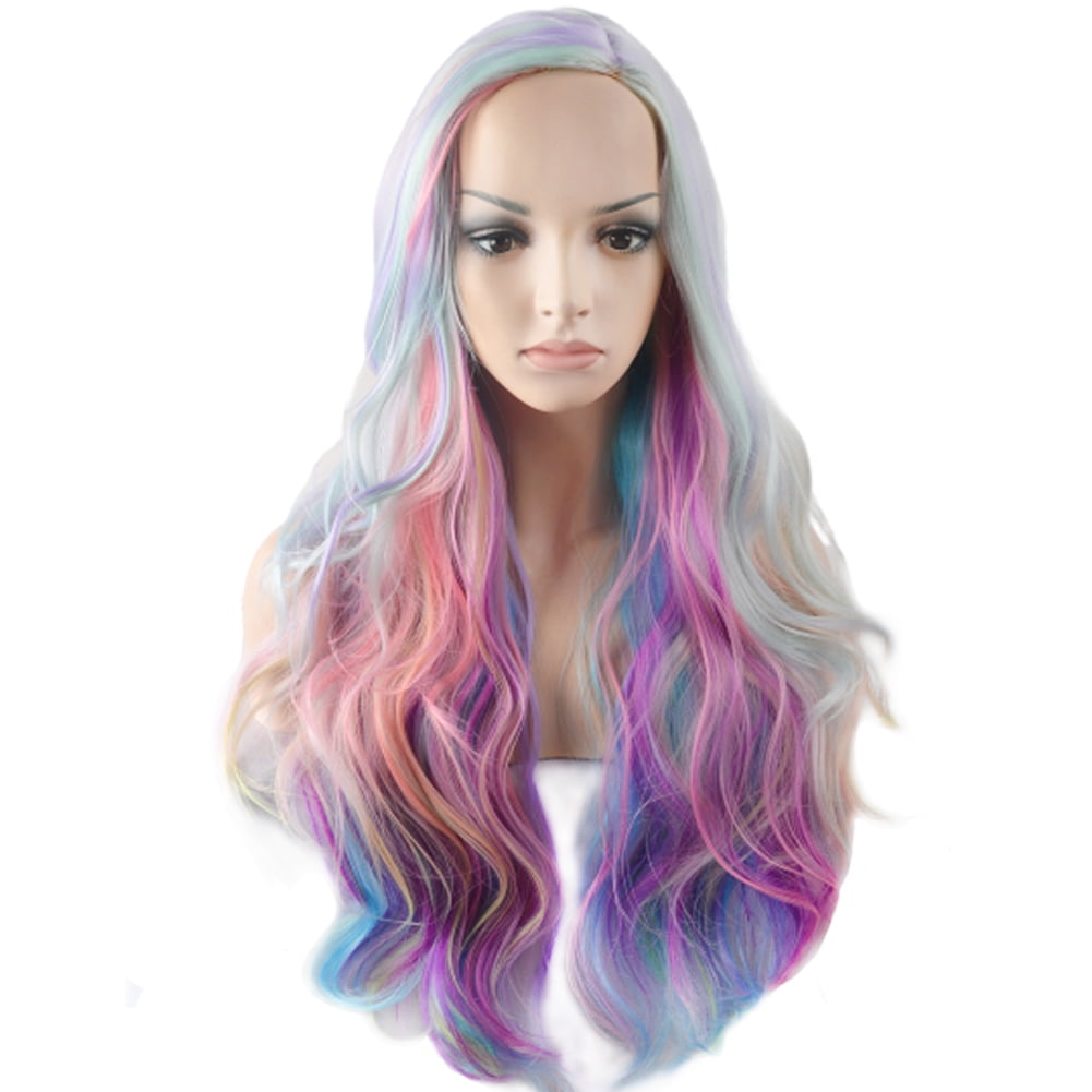 RightOn Long Curly Rainbow Wig MultiColor Charming Full Wigs for Cosplay Girls Party or Daily