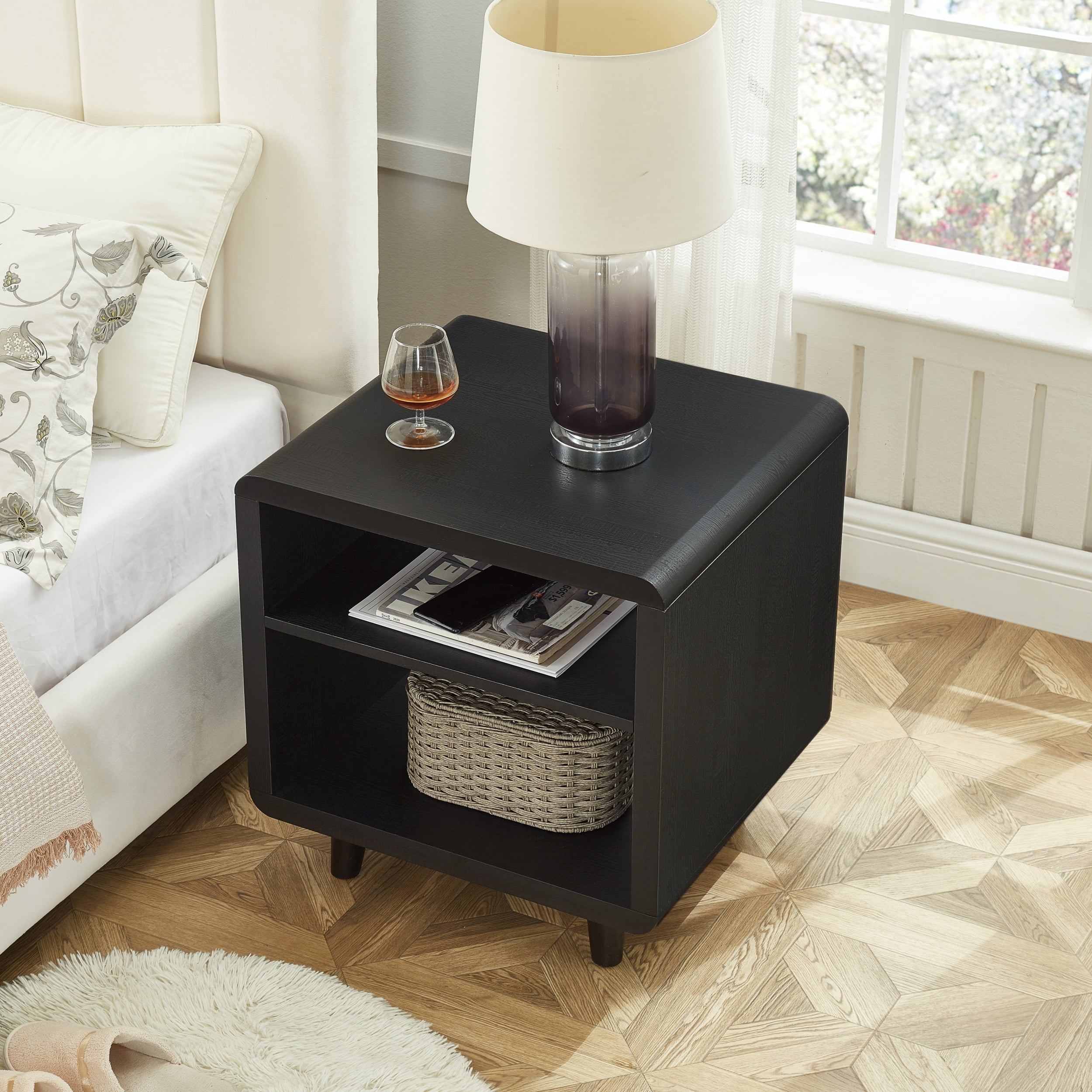 Roundhill Furniture Lux Modern Wood Shelf Side Table, Bedside Nightstand, Black