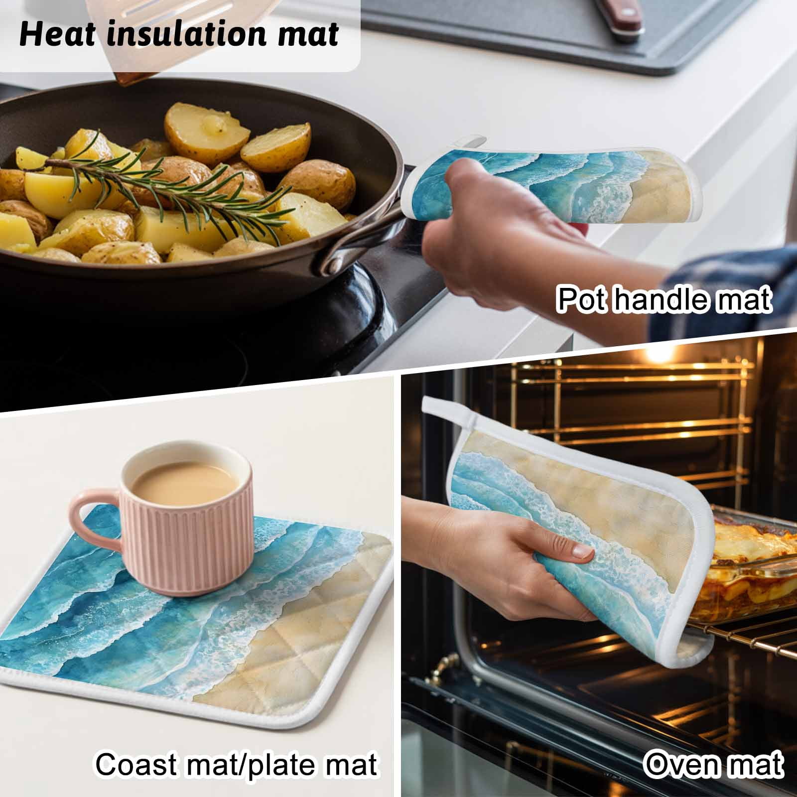 Aqua Coastal Pot Holders for Kitchen Heatproof Potholder, 4 Pack Nautical Summer Beach Ocean Beige Hot Pads Multipurpose Oven Pads Cloth Potholders Trivet for Cooking and Baking