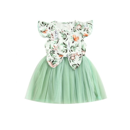 

Suanret Toddler Baby Girls Dress Round Neck Fly Sleeve Printed Patchwork Mesh Tulle Hem Dress Princess Dress Green 3-4 Years