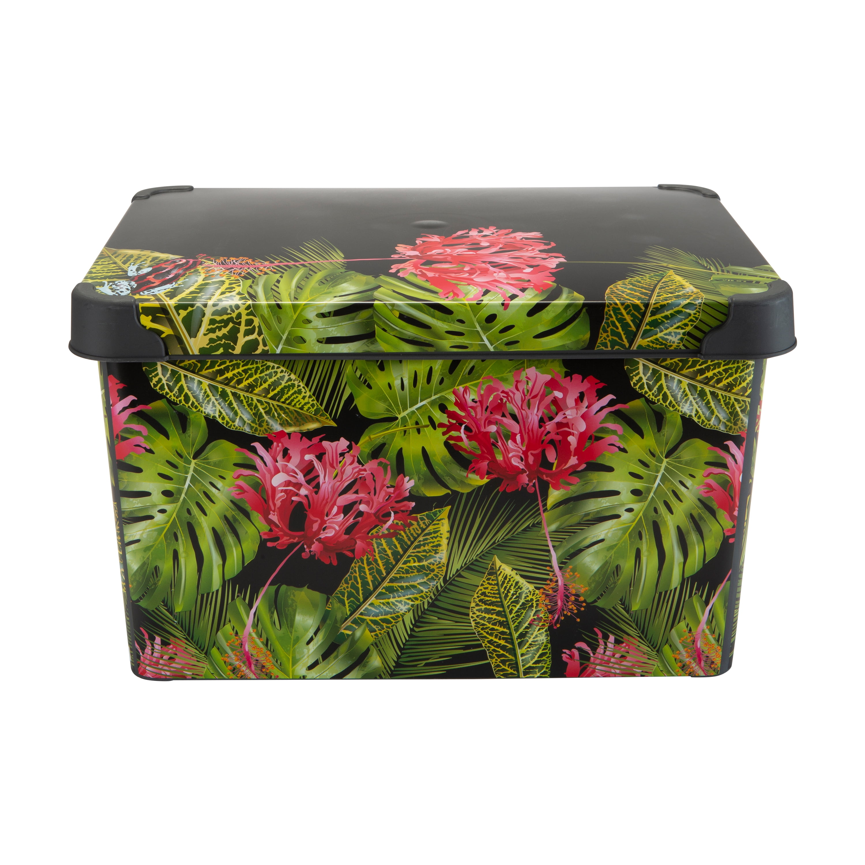 Simplify 2 Pack Tropical Leaf Print Design Plastic Storage Bin, Black