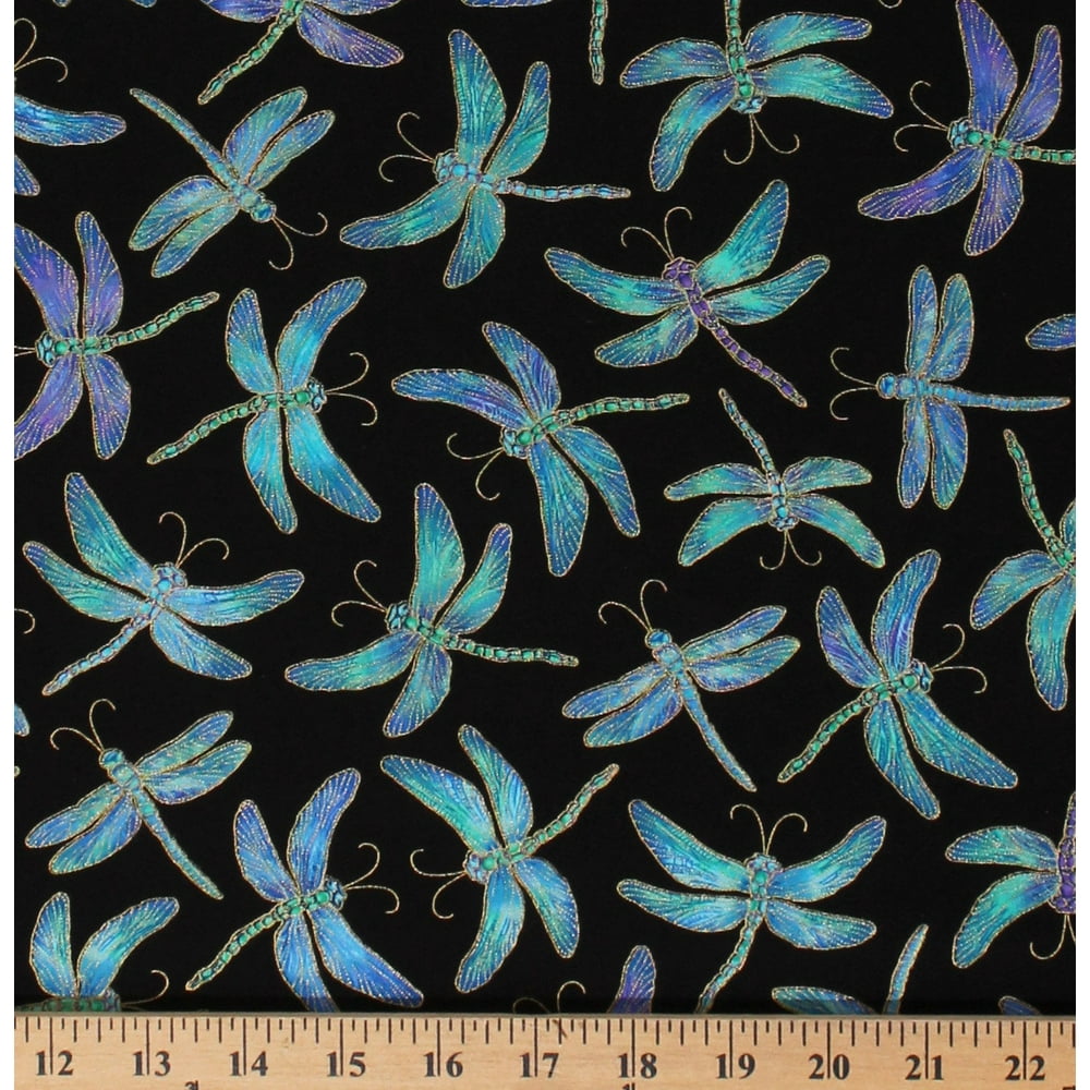Cotton Dragonfly Dragonflies Insects Animals Black Cotton Fabric Print