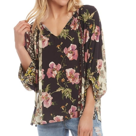 Karen Kane Women's V Neck Mixed Floral Roll Tab Blouse Multi Size X-Large