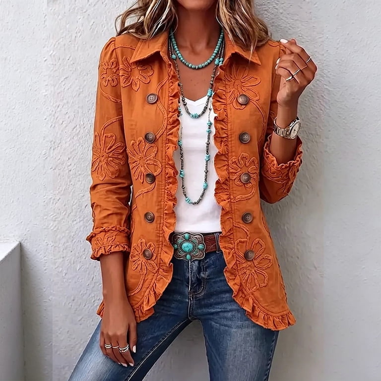 Jacket With Ruffles Norvella Womens Floral Applique Jacket Button Front Collared Long ...
