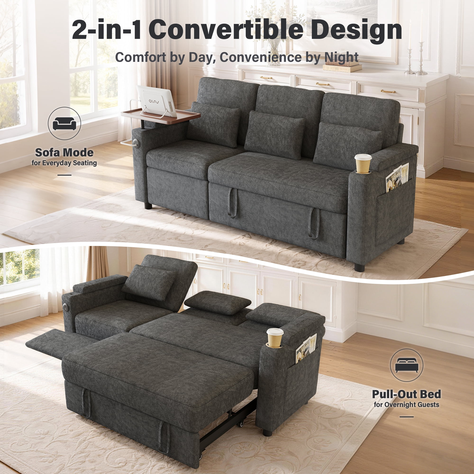 Aukfa 81" Convertible Sleeper Sofa,Chenille 3-in-1 Sofa Bed with Recliner,Center Table,USB Ports & Storage Armrests,Gray