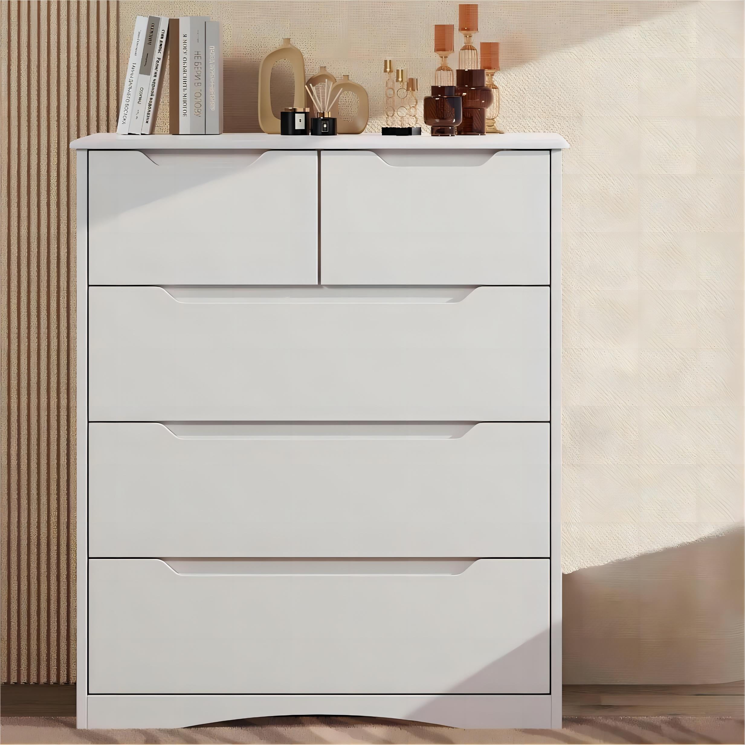 Dresser, Lofka 5 Drawer Dresser for Bedroom with Cutout Handle and Wooden Board, White
