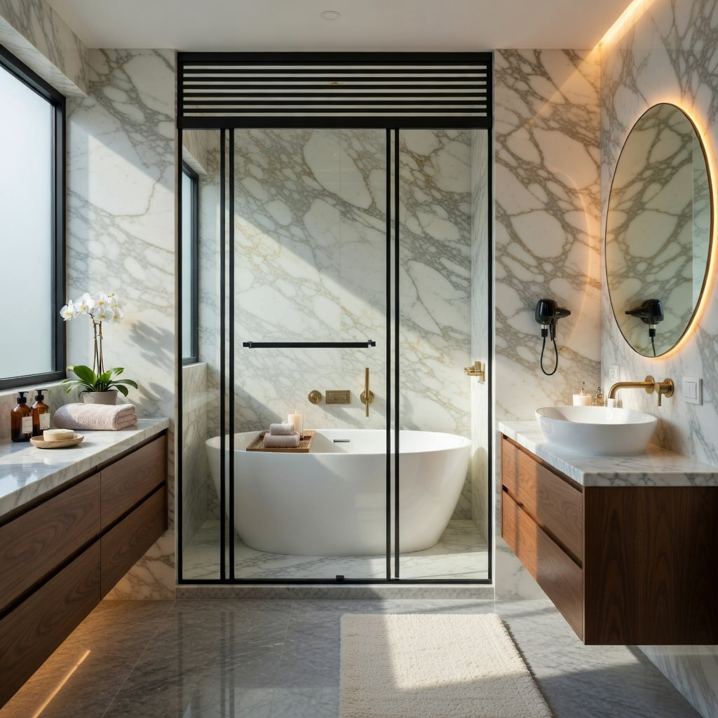 Hommoo 48"W x 72"H Frameless Dual Sliding Shower Door, Soft-Close Buffer Track, Leak-Proof Extended Metal Threshold, Black & Transparent